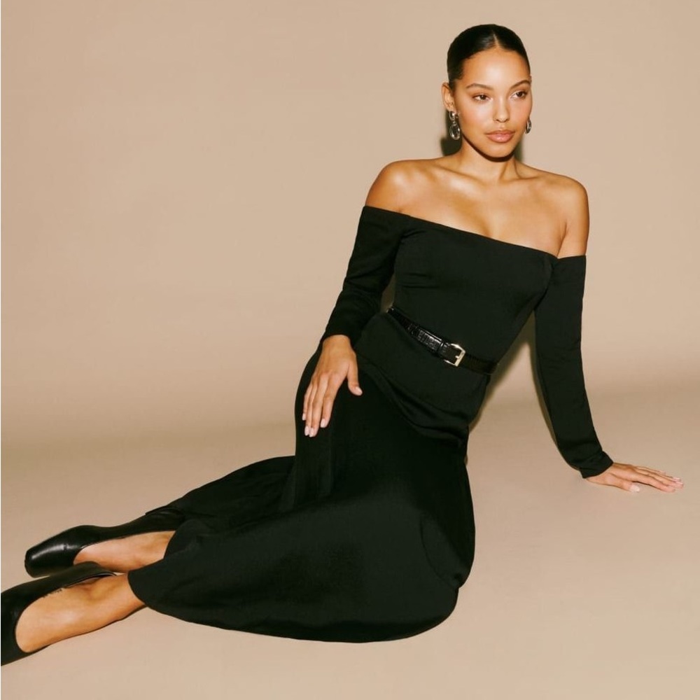 Reformation Ballari Off The Shoulder Midi Dress in Black
